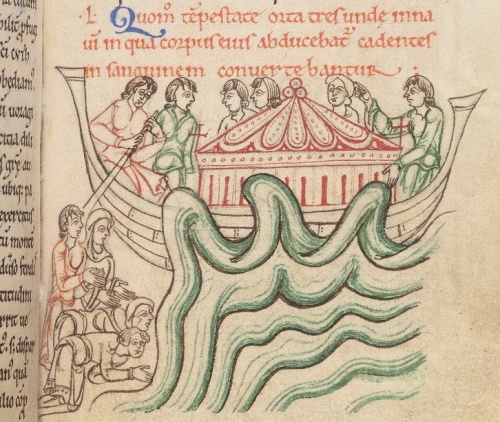 St Cuthbert turns three waves of the sea into blood in order to prevent his followers from taking his relics out of England. © The Master and Fellows of University College, Oxford