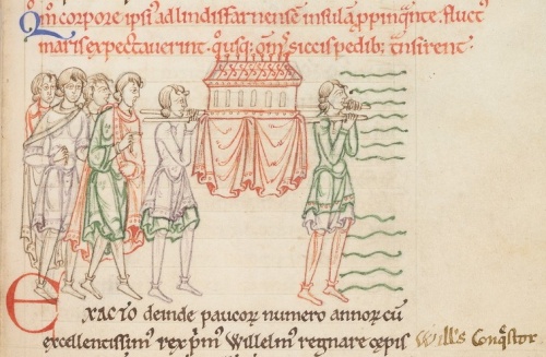 St Cuthbert's body divides the sea. © The Master and Fellows of University College, Oxford